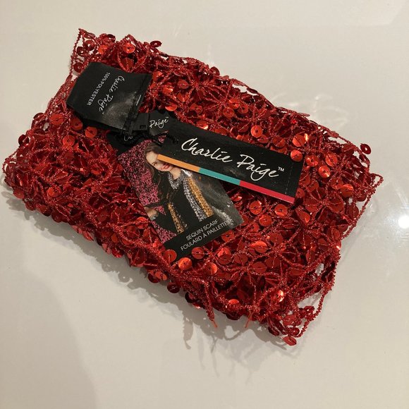 Charlie Paige Red Sequin Scarf NEW - Picture 3 of 4